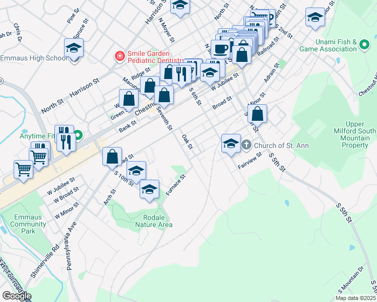 map of restaurants, bars, coffee shops, grocery stores, and more near 202 South 7th Street in Emmaus