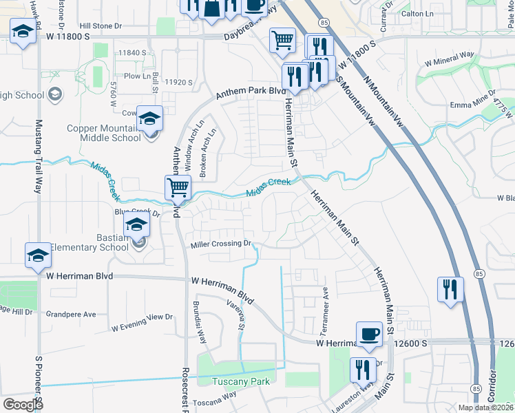 map of restaurants, bars, coffee shops, grocery stores, and more near 12232 South Croyden Lane in Herriman