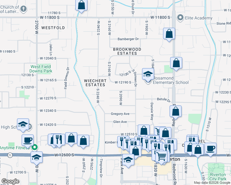 map of restaurants, bars, coffee shops, grocery stores, and more near 2127 Silver Tree Circle in Riverton