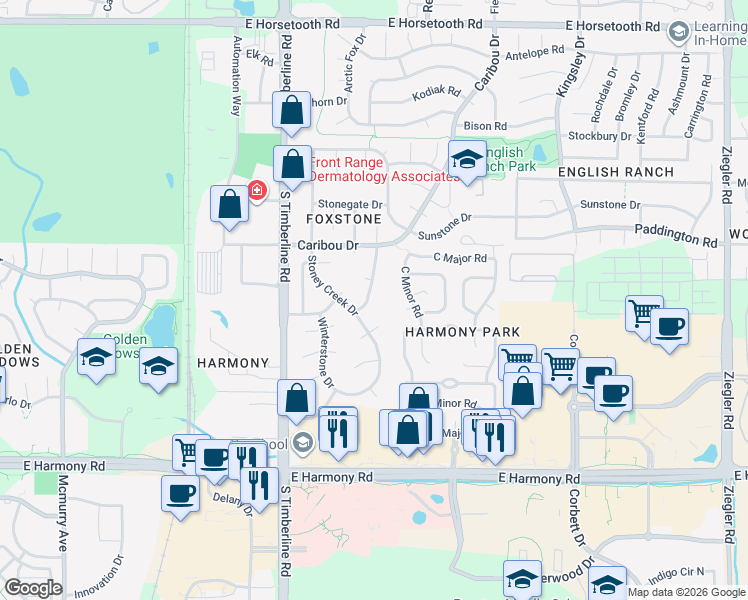 map of restaurants, bars, coffee shops, grocery stores, and more near 4292 Stoney Creek Drive in Fort Collins