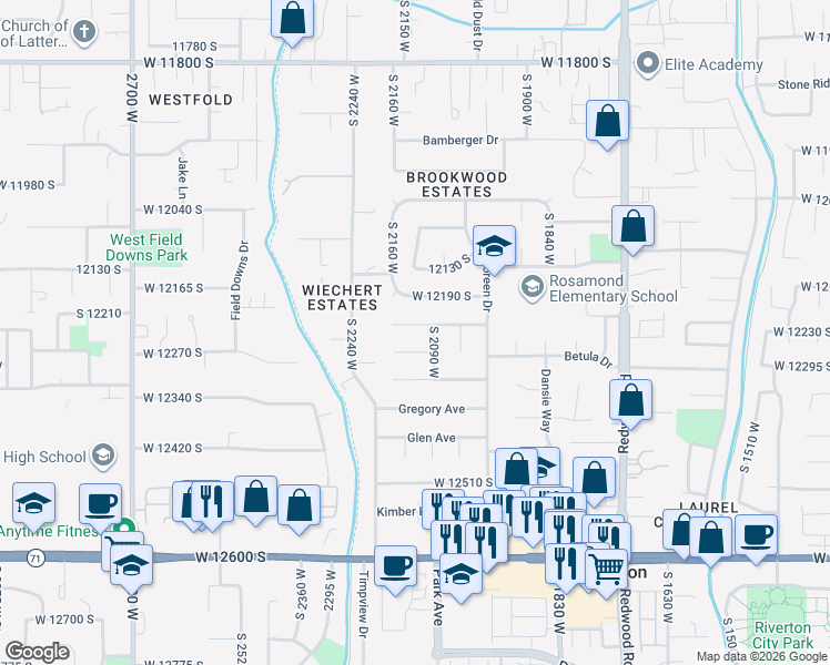map of restaurants, bars, coffee shops, grocery stores, and more near 2127 Silver Tree Circle in Riverton