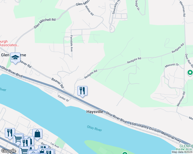 map of restaurants, bars, coffee shops, grocery stores, and more near 301 Redgate Road in Sewickley