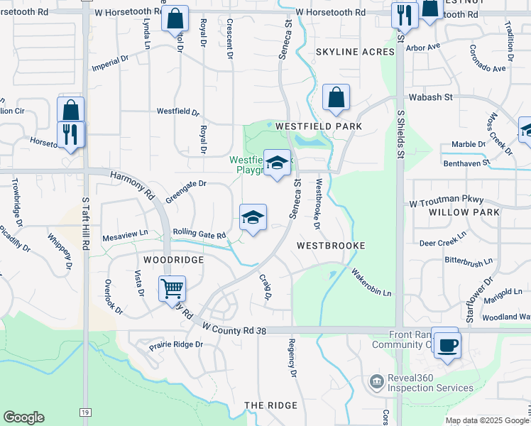 map of restaurants, bars, coffee shops, grocery stores, and more near 4201 Seneca Street in Fort Collins
