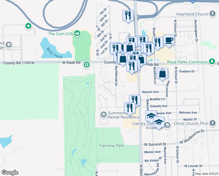 map of restaurants, bars, coffee shops, grocery stores, and more near 704 South Golfcrest Road in Normal