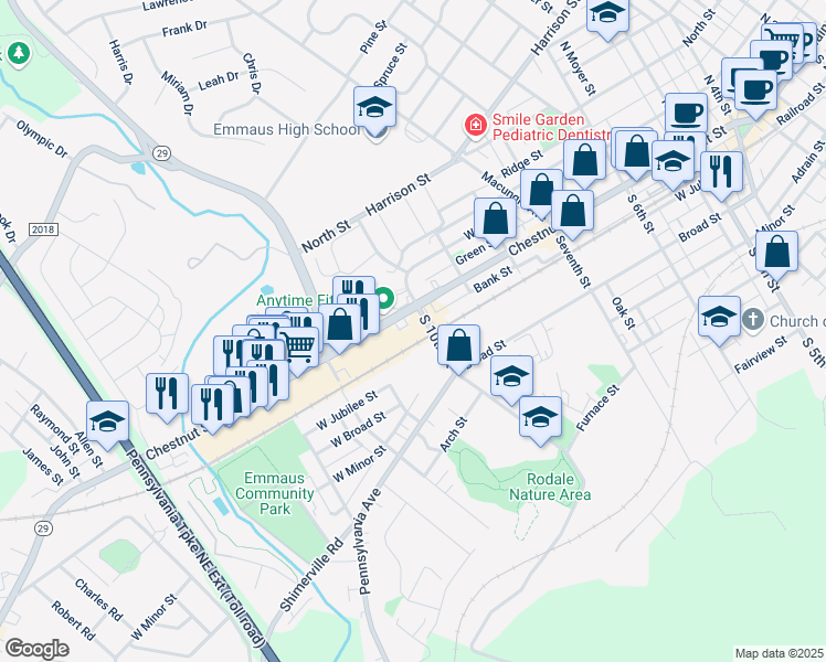 map of restaurants, bars, coffee shops, grocery stores, and more near 16 South 10th Street in Emmaus