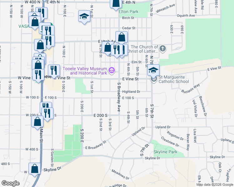 map of restaurants, bars, coffee shops, grocery stores, and more near 74 South Broadway Street in Tooele