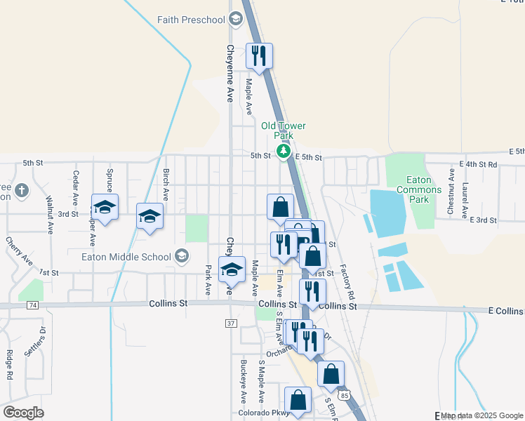 map of restaurants, bars, coffee shops, grocery stores, and more near 303 Maple Avenue in Eaton