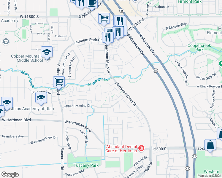 map of restaurants, bars, coffee shops, grocery stores, and more near 12227 South Koppers Lane in Herriman
