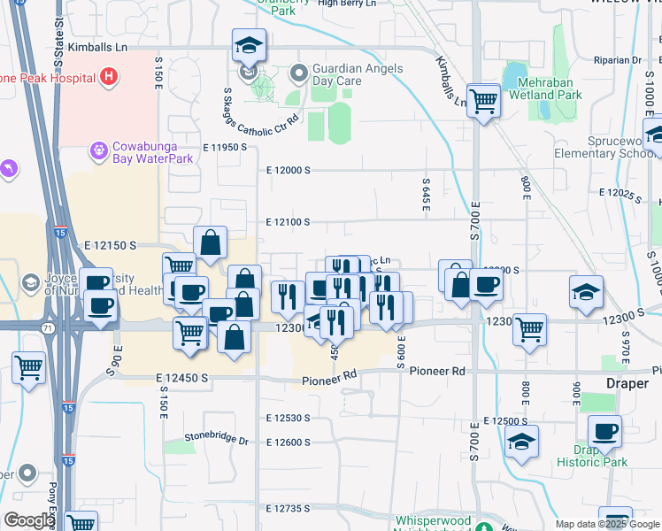 map of restaurants, bars, coffee shops, grocery stores, and more near 460 East Tilden Parc Lane in Draper