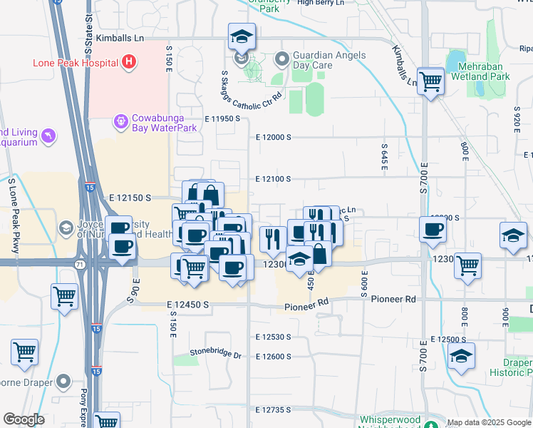 map of restaurants, bars, coffee shops, grocery stores, and more near 12201 South 300 East in Draper