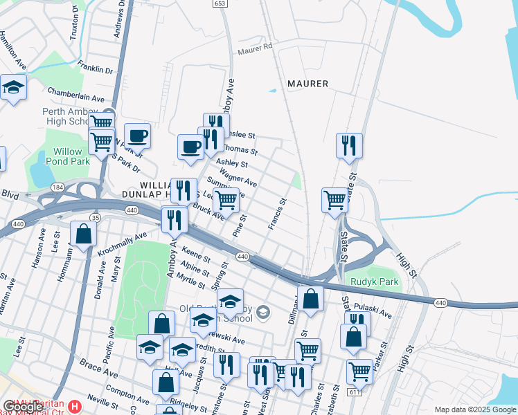 map of restaurants, bars, coffee shops, grocery stores, and more near 356 Leon Avenue in Perth Amboy