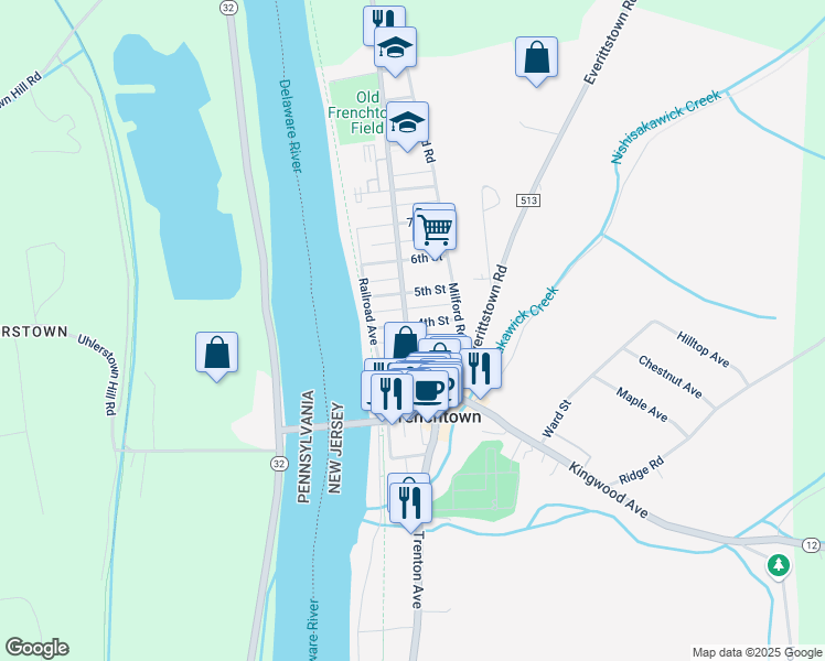map of restaurants, bars, coffee shops, grocery stores, and more near 15 3rd Street in Frenchtown