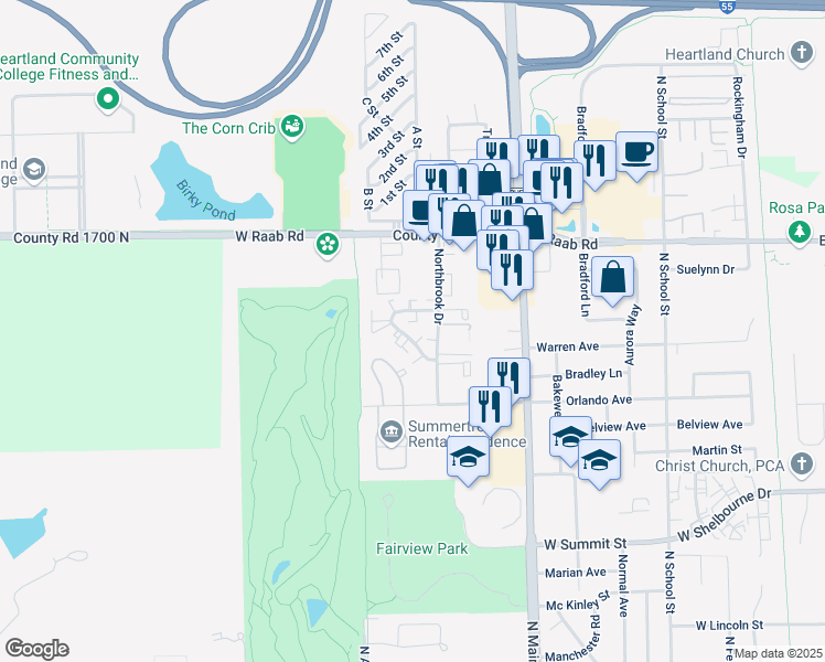 map of restaurants, bars, coffee shops, grocery stores, and more near 700 South Golfcrest Road in Normal