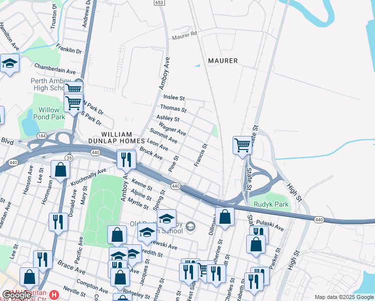 map of restaurants, bars, coffee shops, grocery stores, and more near 356 Leon Avenue in Perth Amboy