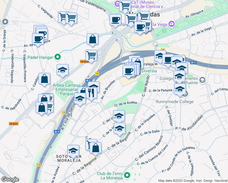 map of restaurants, bars, coffee shops, grocery stores, and more near 35 Avenida de Bruselas in Alcobendas