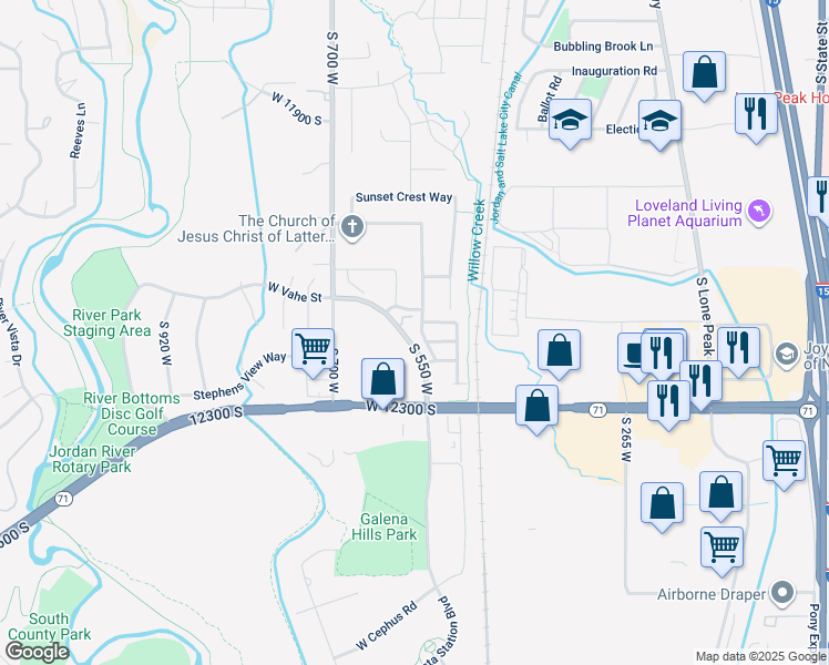 map of restaurants, bars, coffee shops, grocery stores, and more near 12186 Sunpark Lane in Draper