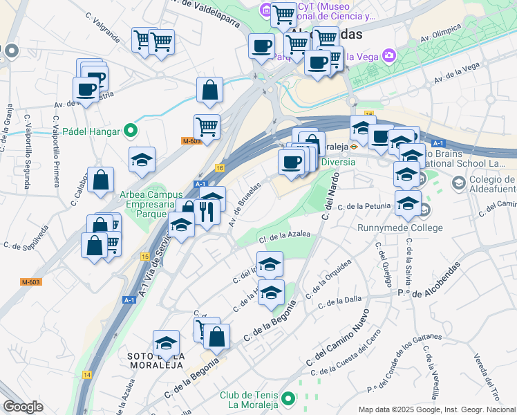 map of restaurants, bars, coffee shops, grocery stores, and more near 35 Avenida de Bruselas in Alcobendas
