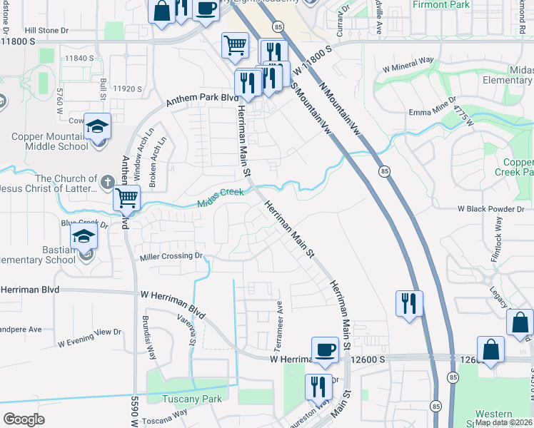 map of restaurants, bars, coffee shops, grocery stores, and more near 12253 South Dale Mabry Lane in Herriman