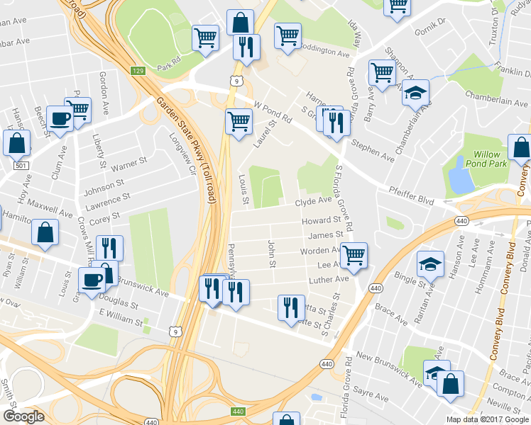 map of restaurants, bars, coffee shops, grocery stores, and more near 99 Clyde Avenue in Woodbridge Township