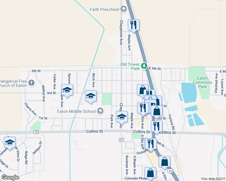 map of restaurants, bars, coffee shops, grocery stores, and more near 228 Cheyenne Avenue in Eaton