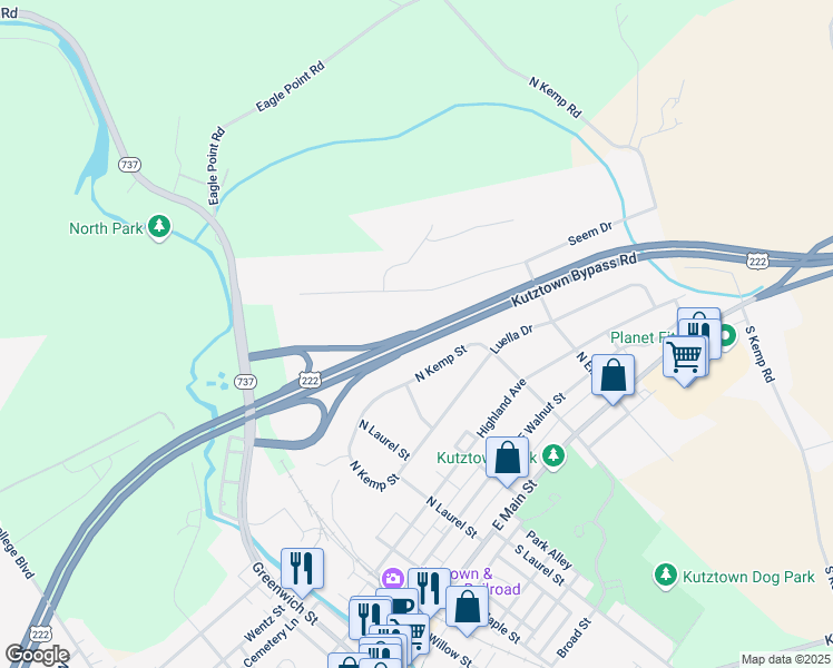 map of restaurants, bars, coffee shops, grocery stores, and more near U.S. 222 Business in Berks County