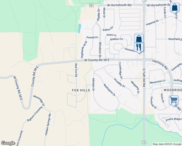 map of restaurants, bars, coffee shops, grocery stores, and more near 4201 Idledale Drive in Fort Collins