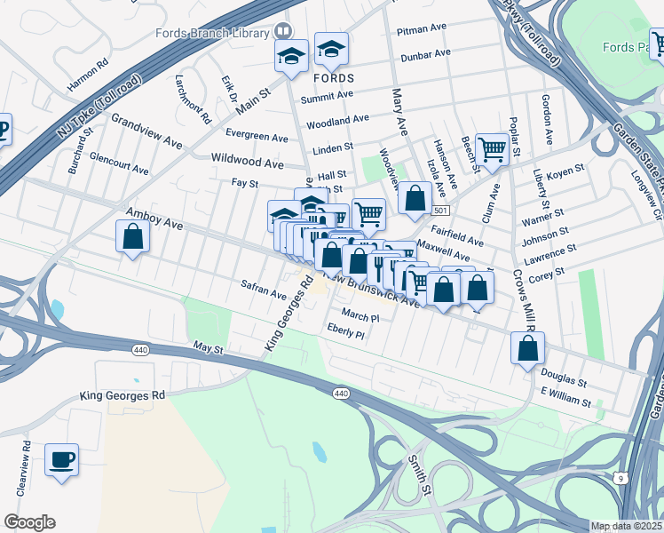 map of restaurants, bars, coffee shops, grocery stores, and more near 583 New Brunswick Avenue in Woodbridge Township