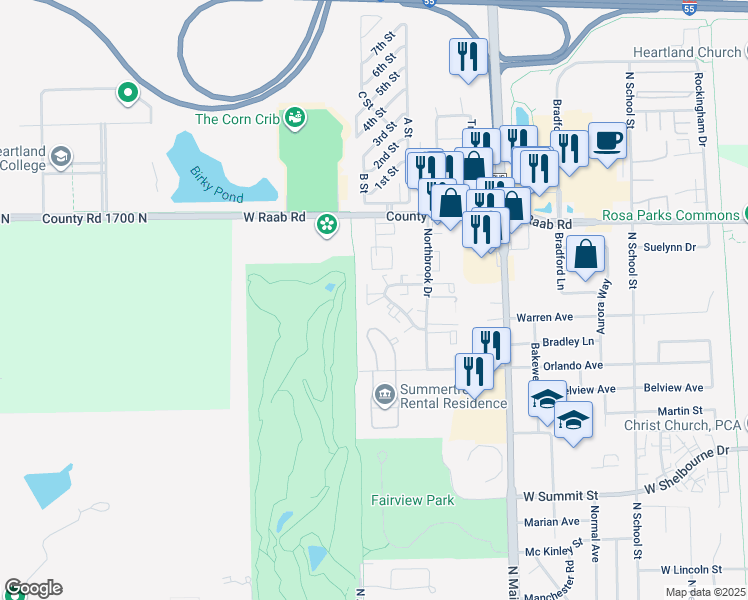 map of restaurants, bars, coffee shops, grocery stores, and more near 710 Orlando Avenue in Normal