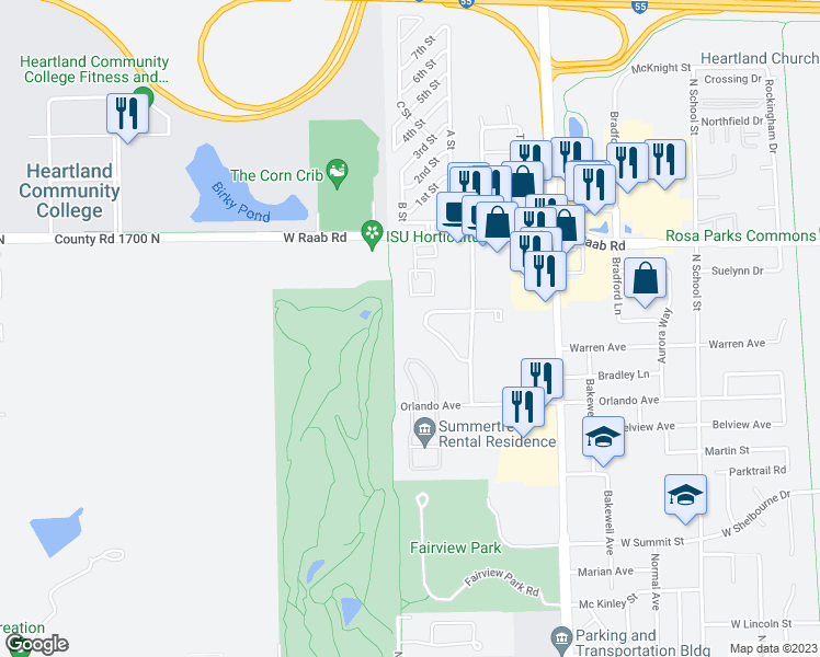 map of restaurants, bars, coffee shops, grocery stores, and more near 710 Orlando Avenue in Normal