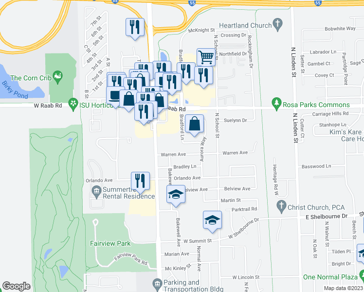 map of restaurants, bars, coffee shops, grocery stores, and more near 413 Miles Lane in Normal