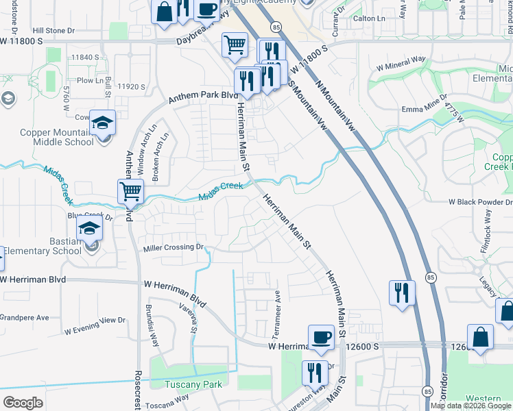 map of restaurants, bars, coffee shops, grocery stores, and more near 12218 South Platt Lane in Herriman