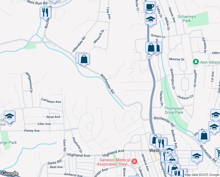 map of restaurants, bars, coffee shops, grocery stores, and more near 271 Rochester Road in Pittsburgh