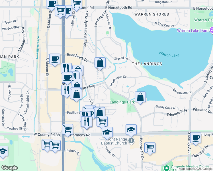 map of restaurants, bars, coffee shops, grocery stores, and more near 451 East Boardwalk Drive in Fort Collins