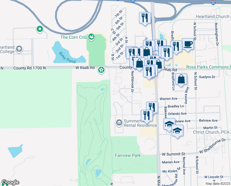 map of restaurants, bars, coffee shops, grocery stores, and more near 710 Orlando Avenue in Normal