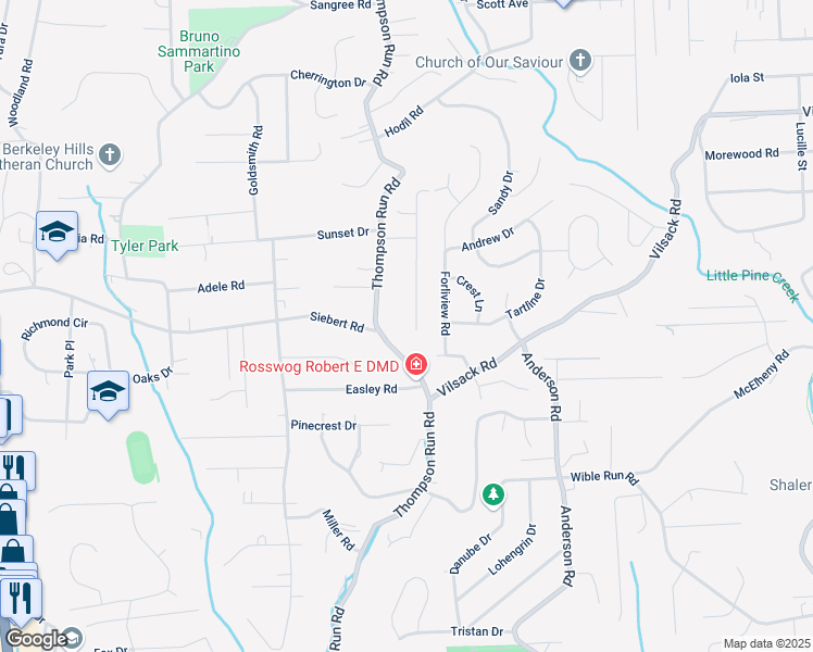 map of restaurants, bars, coffee shops, grocery stores, and more near 340 Thompson Run Road in Pittsburgh