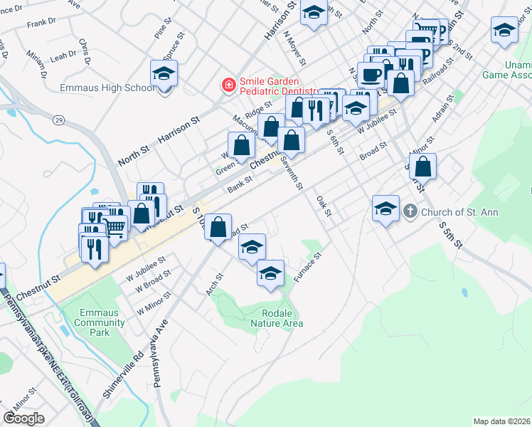 map of restaurants, bars, coffee shops, grocery stores, and more near 803 Broad Street in Emmaus