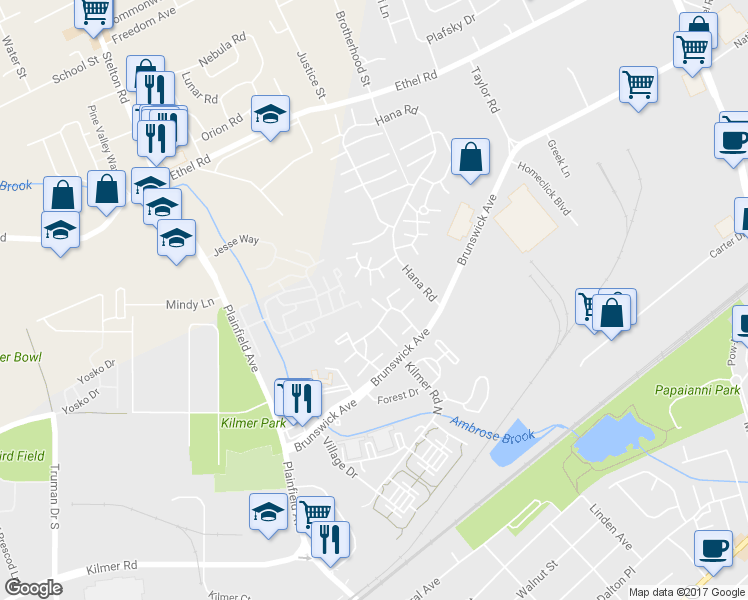map of restaurants, bars, coffee shops, grocery stores, and more near 2506 Merrywood Drive in Edison