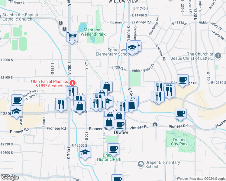 map of restaurants, bars, coffee shops, grocery stores, and more near 12221 900 East in Draper