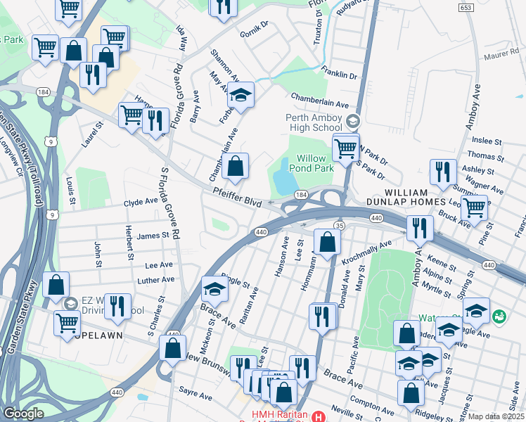 map of restaurants, bars, coffee shops, grocery stores, and more near 769 Colgate Avenue in Perth Amboy
