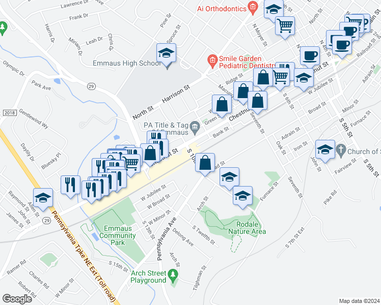 map of restaurants, bars, coffee shops, grocery stores, and more near 16 South 10th Street in Emmaus