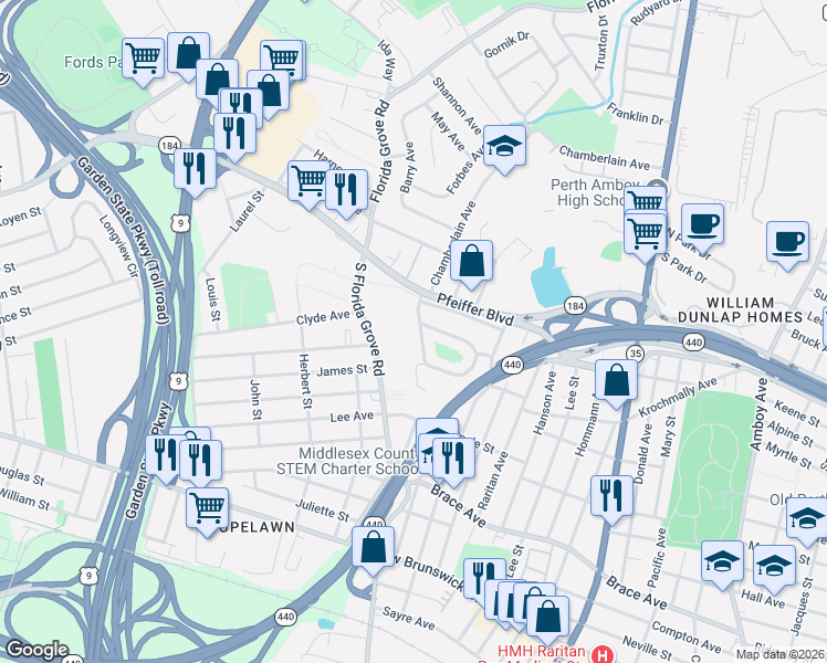 map of restaurants, bars, coffee shops, grocery stores, and more near 733 Columbus Drive in Perth Amboy