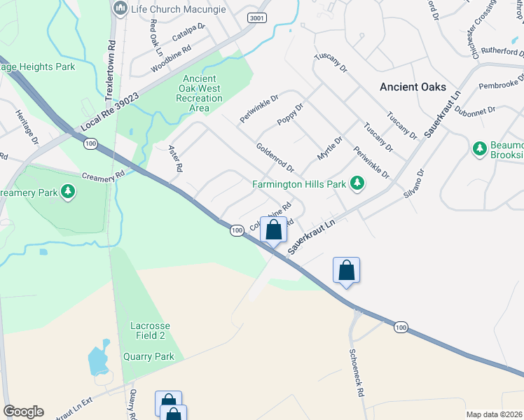 map of restaurants, bars, coffee shops, grocery stores, and more near 7460 Columbine Road in Macungie