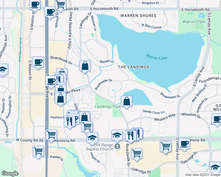 map of restaurants, bars, coffee shops, grocery stores, and more near 4255 Westshore Way in Fort Collins