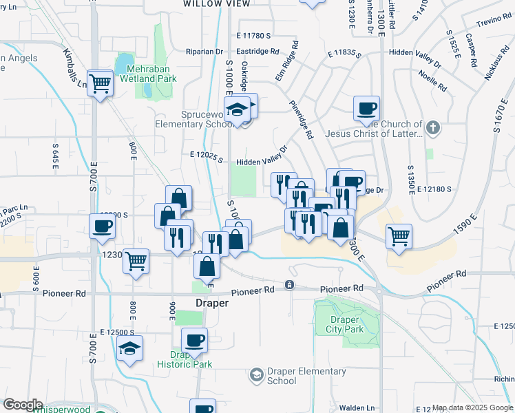 map of restaurants, bars, coffee shops, grocery stores, and more near 1055 Draper Parkway in Draper