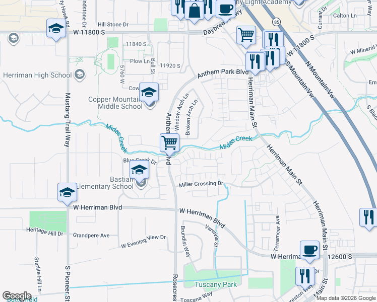 map of restaurants, bars, coffee shops, grocery stores, and more near 5508 Copper Gulch Lane in Herriman