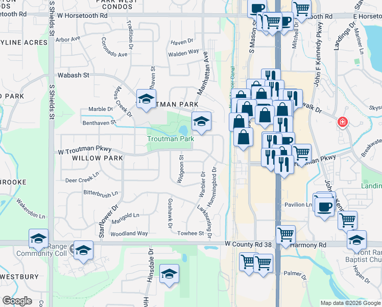 map of restaurants, bars, coffee shops, grocery stores, and more near in Fort Collins