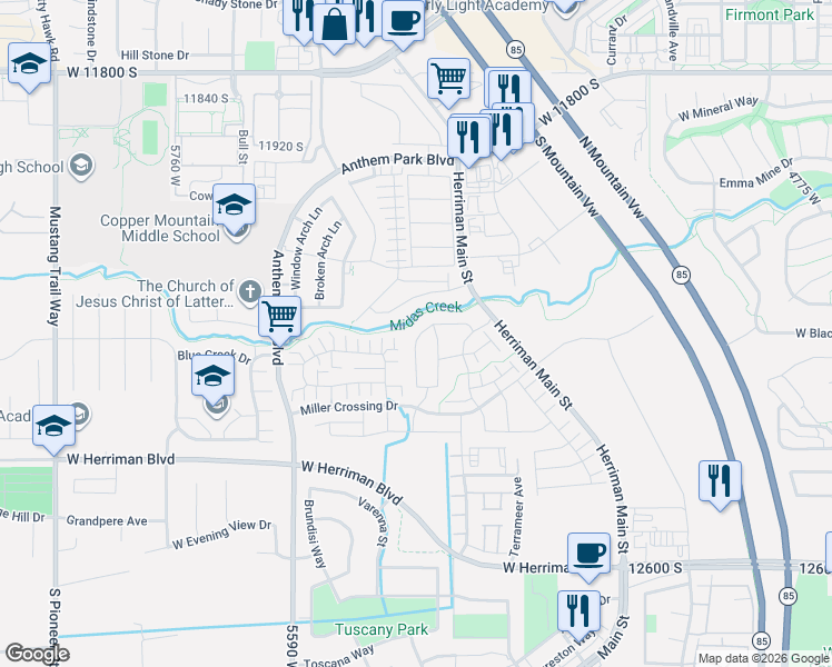 map of restaurants, bars, coffee shops, grocery stores, and more near 5344 West Croyden Lane in Herriman