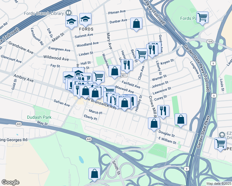 map of restaurants, bars, coffee shops, grocery stores, and more near 115 Maxwell Avenue in Woodbridge Township