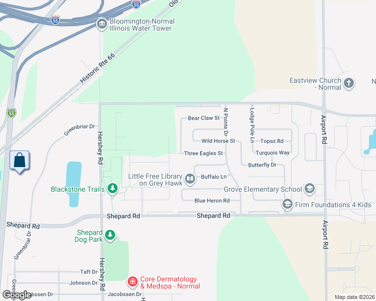 map of restaurants, bars, coffee shops, grocery stores, and more near 1200 Big Horn Way in Normal