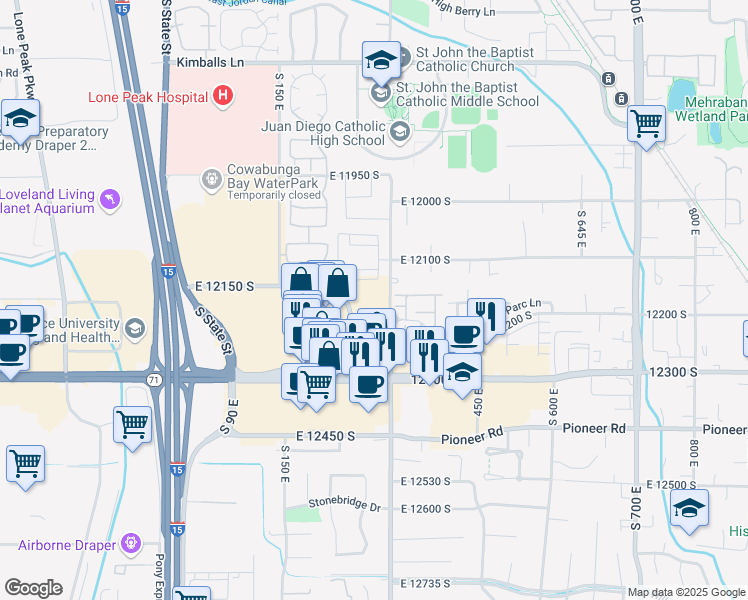 map of restaurants, bars, coffee shops, grocery stores, and more near 12180 South 300 East in Draper